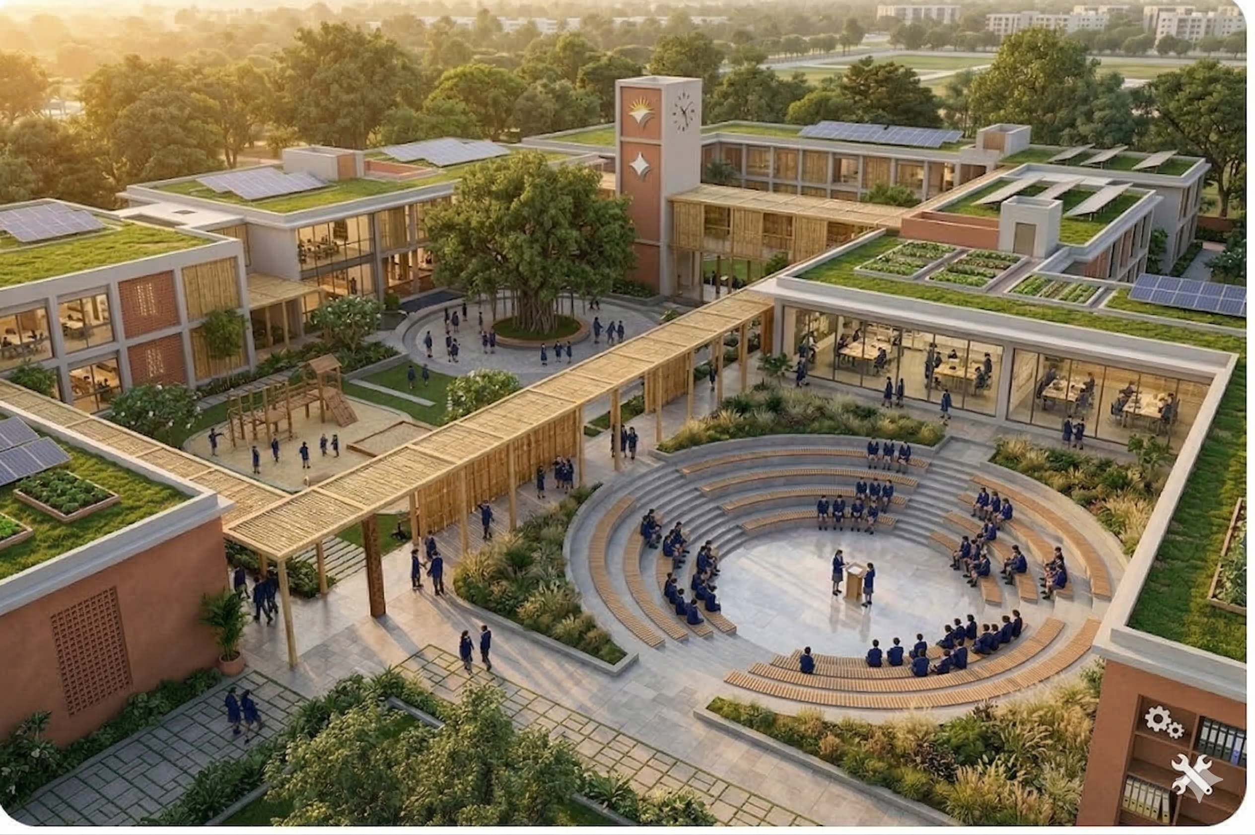 Aerial overview of the complete Shraman school campus with courtyards, gardens, and learning spaces