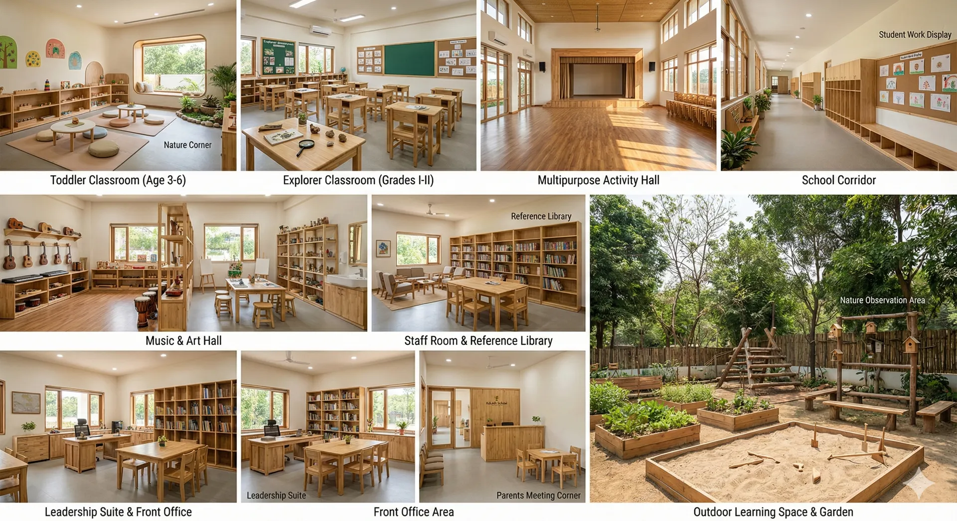 Nine-panel overview of Shraman school facilities — classrooms, activity hall, library, music hall, garden, and front office
