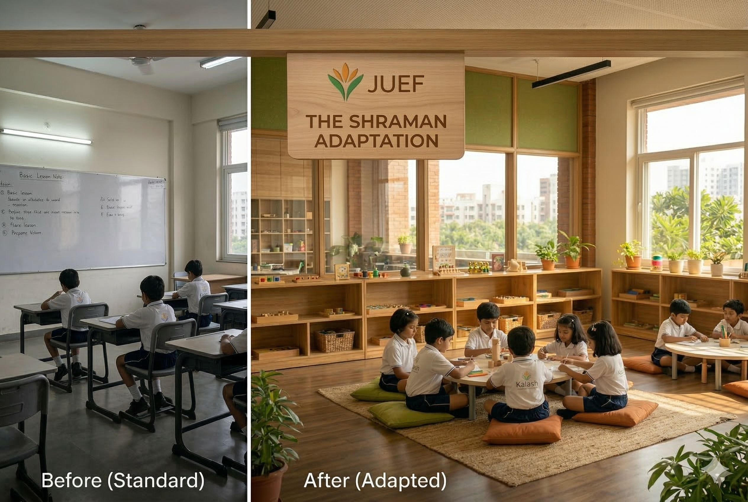 The Shraman Adaptation — a standard classroom transformed into a warm, purposeful Kalash learning environment