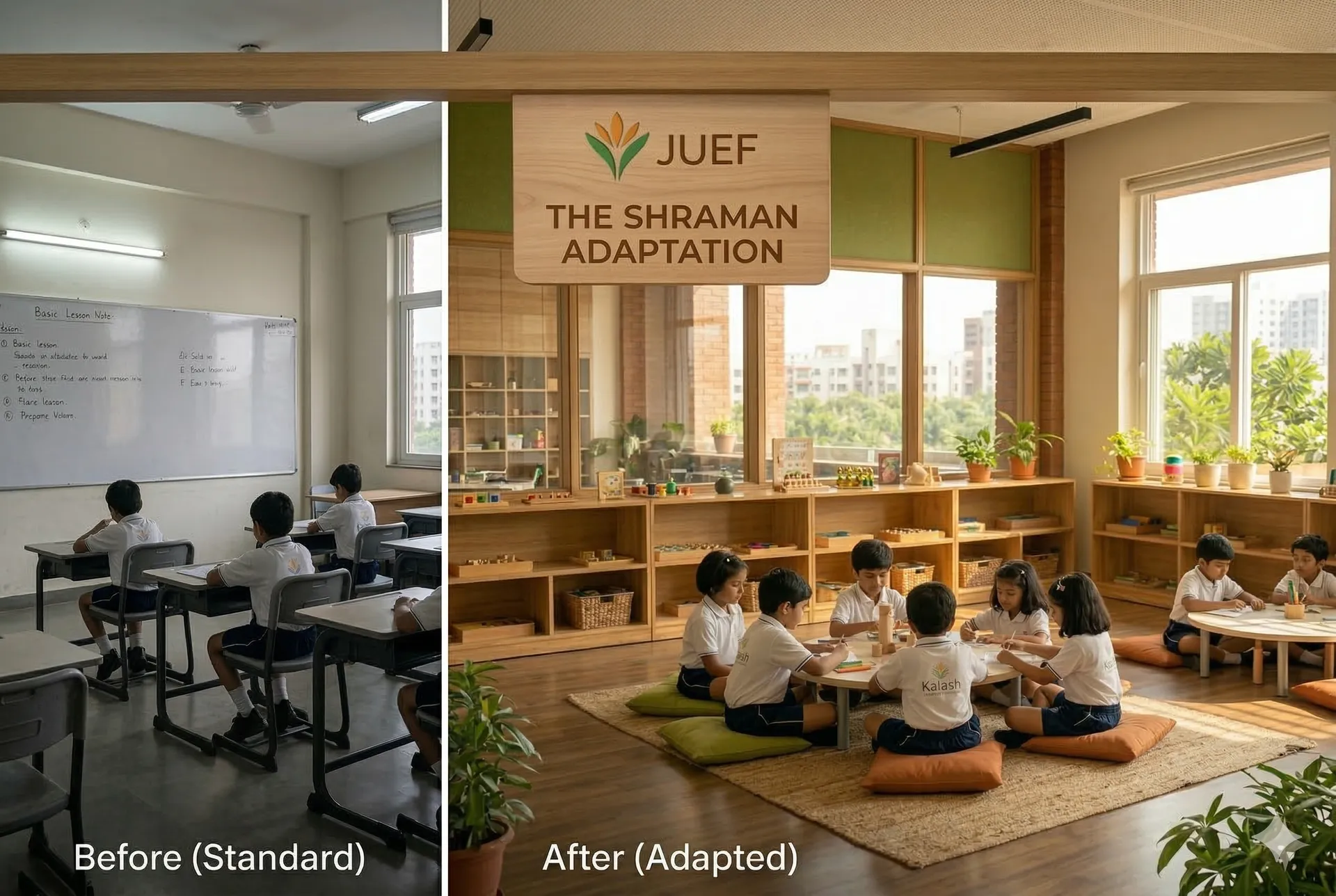 The Shraman Adaptation — a standard classroom transformed into a warm, purposeful Kalash learning environment