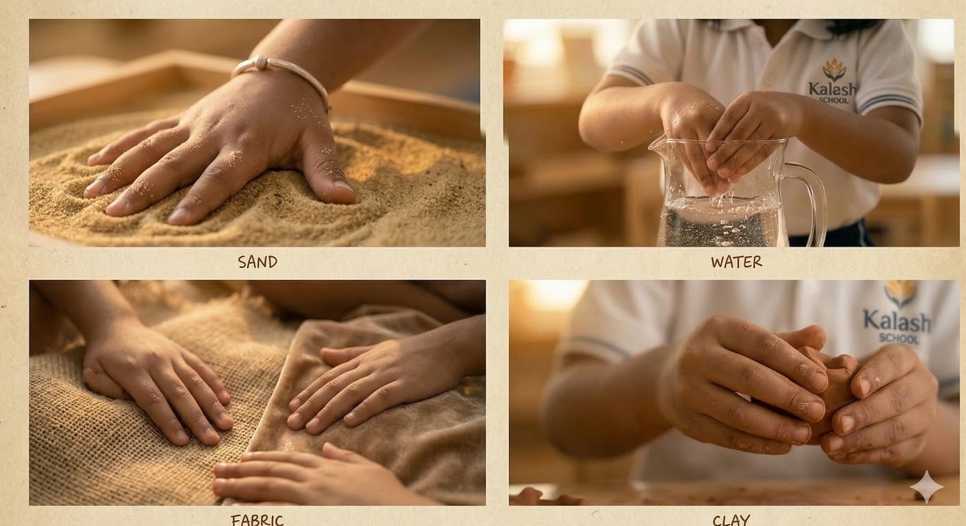 Four-panel sensory exploration grid — Sand, Water, Fabric, Clay — hands-on sensory activation at Kalash School