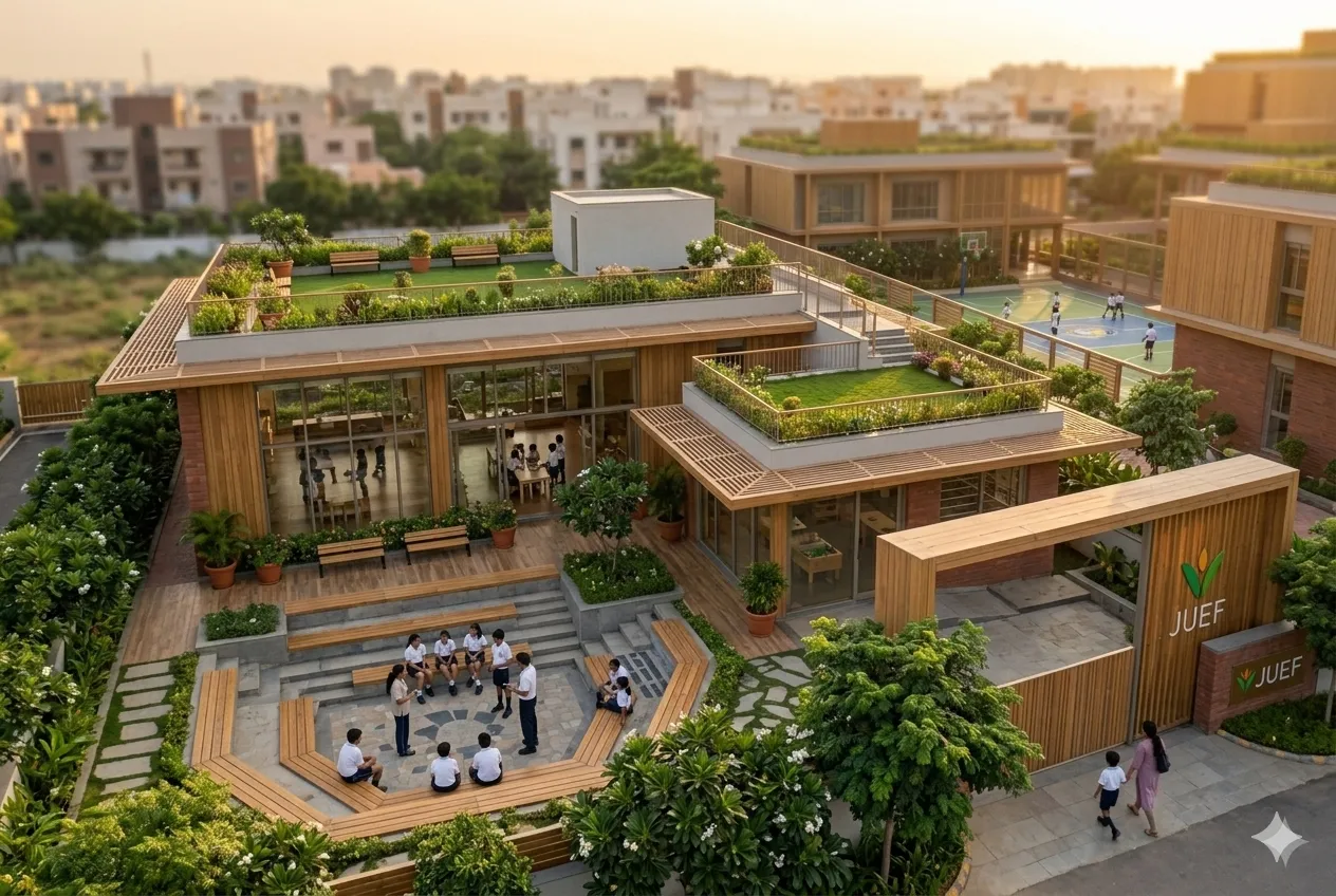 Full Padam School campus with outdoor learning spaces, gardens, and modern architecture
