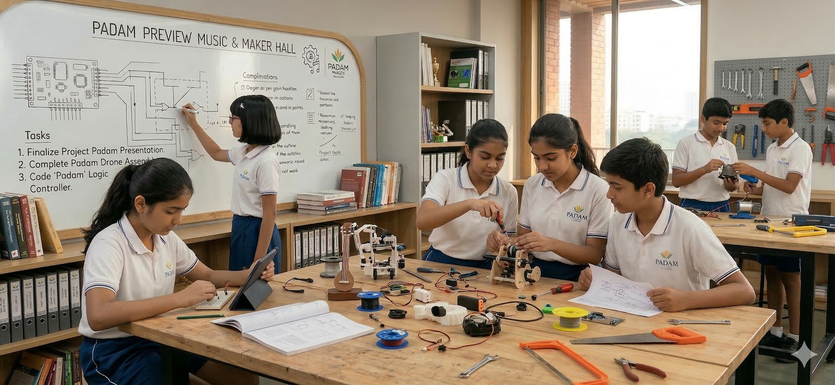 Padam students collaborating on robotics and electronics projects in a modern STEM classroom