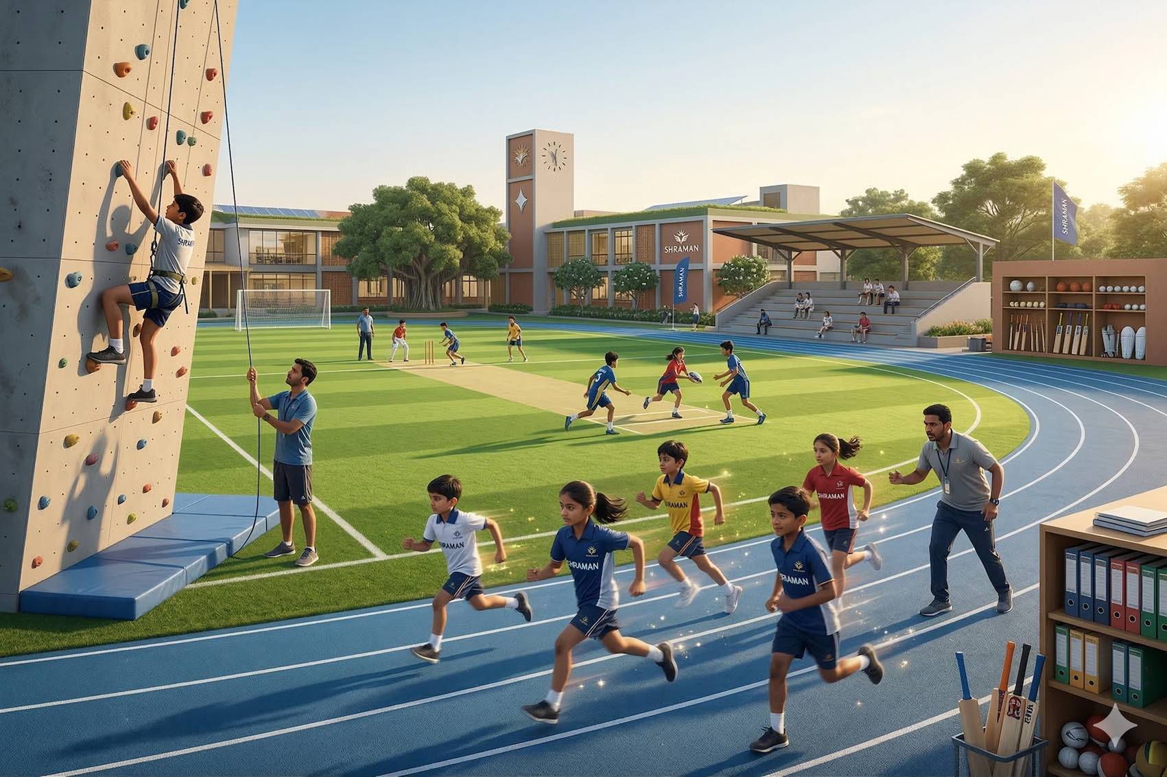 Students on athletic track with climbing wall, cricket field, and running activities — physical development at Shraman schools