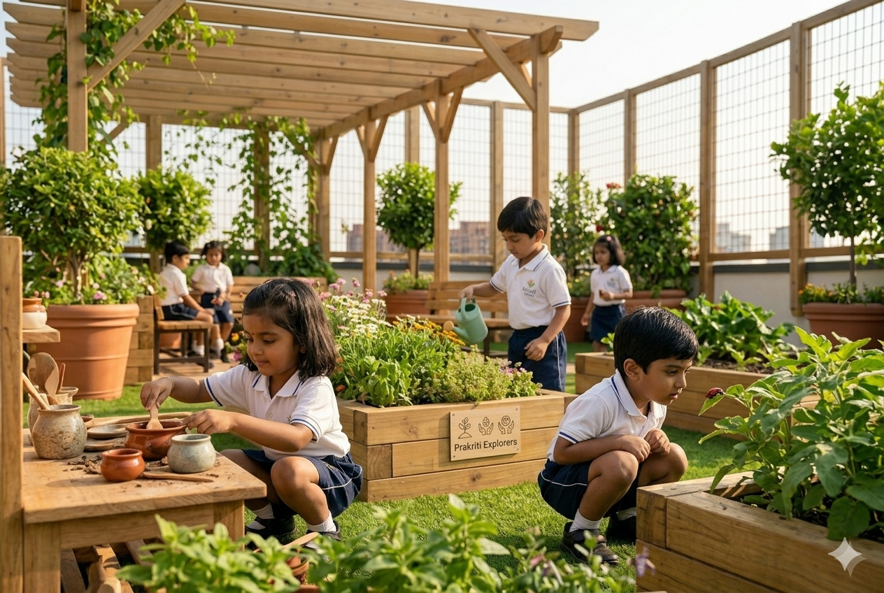 Prakriti Explorers — children gardening and exploring nature on the rooftop garden with raised beds and pergola