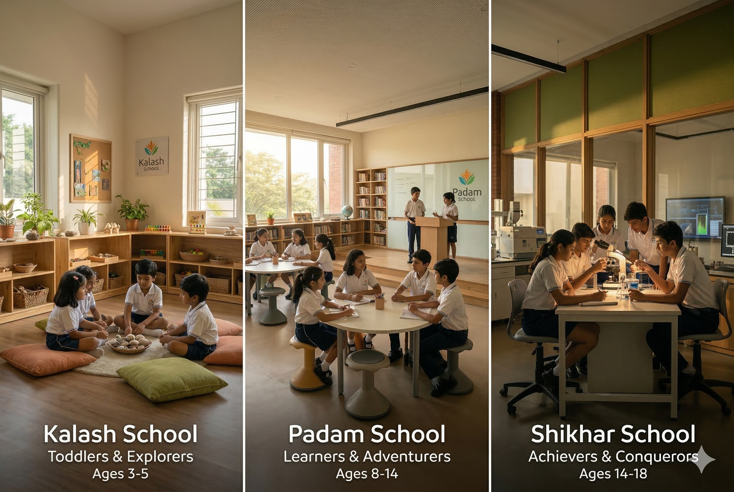 Three schools in action — Kalash (Ages 3-5 Toddlers & Explorers), Padam (Ages 8-14 Learners & Adventurers), Shikhar (Ages 14-18 Achievers & Conquerors)
