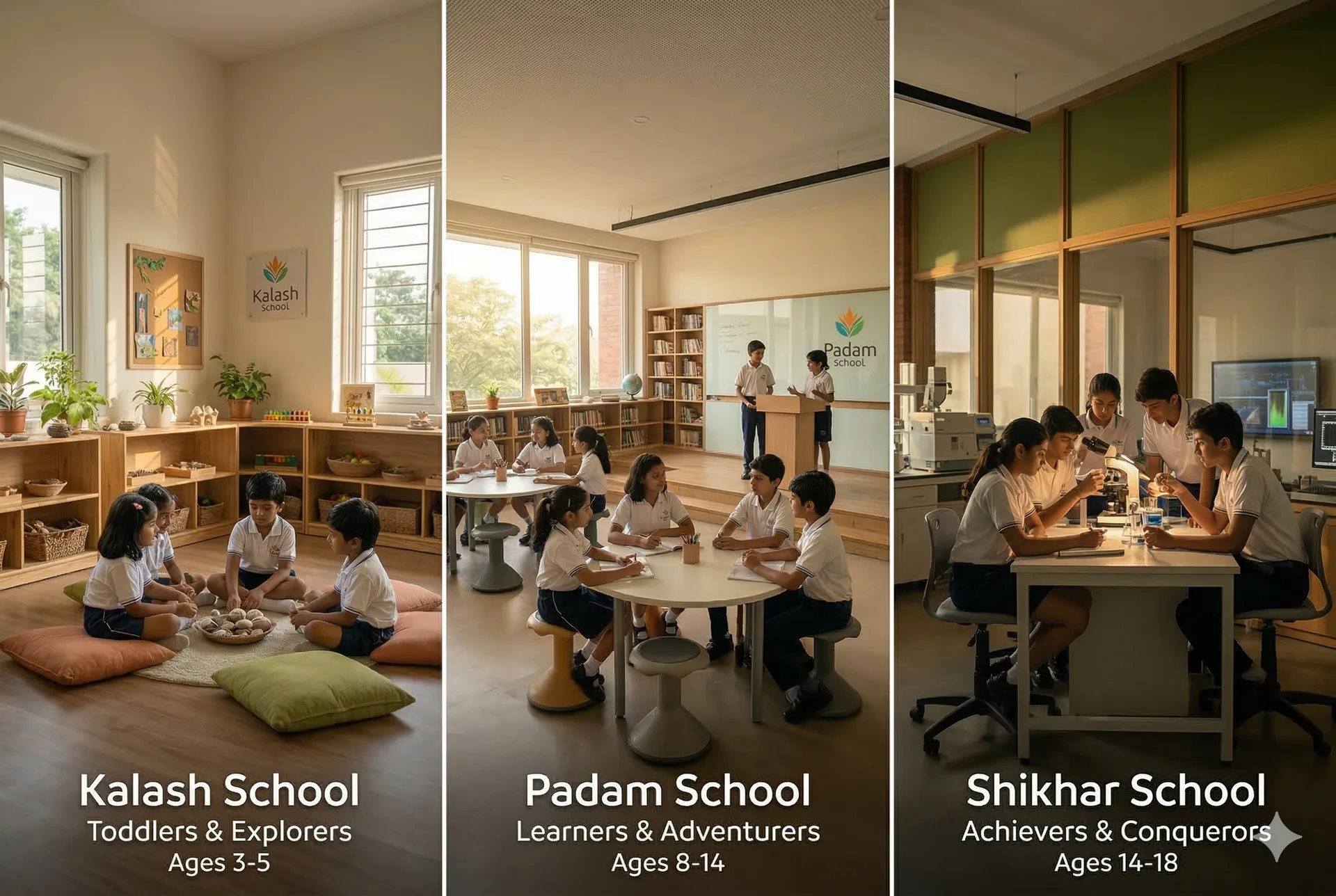 Three schools in action — Kalash (Ages 3-5), Padam (Ages 8-14), and Shikhar (Ages 14-18) classrooms