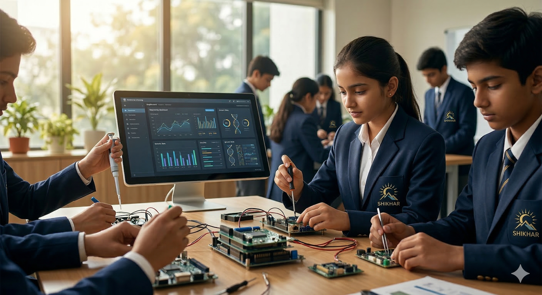 Shikhar School residential campus with specialized research wings, sports facilities, and modern architecture