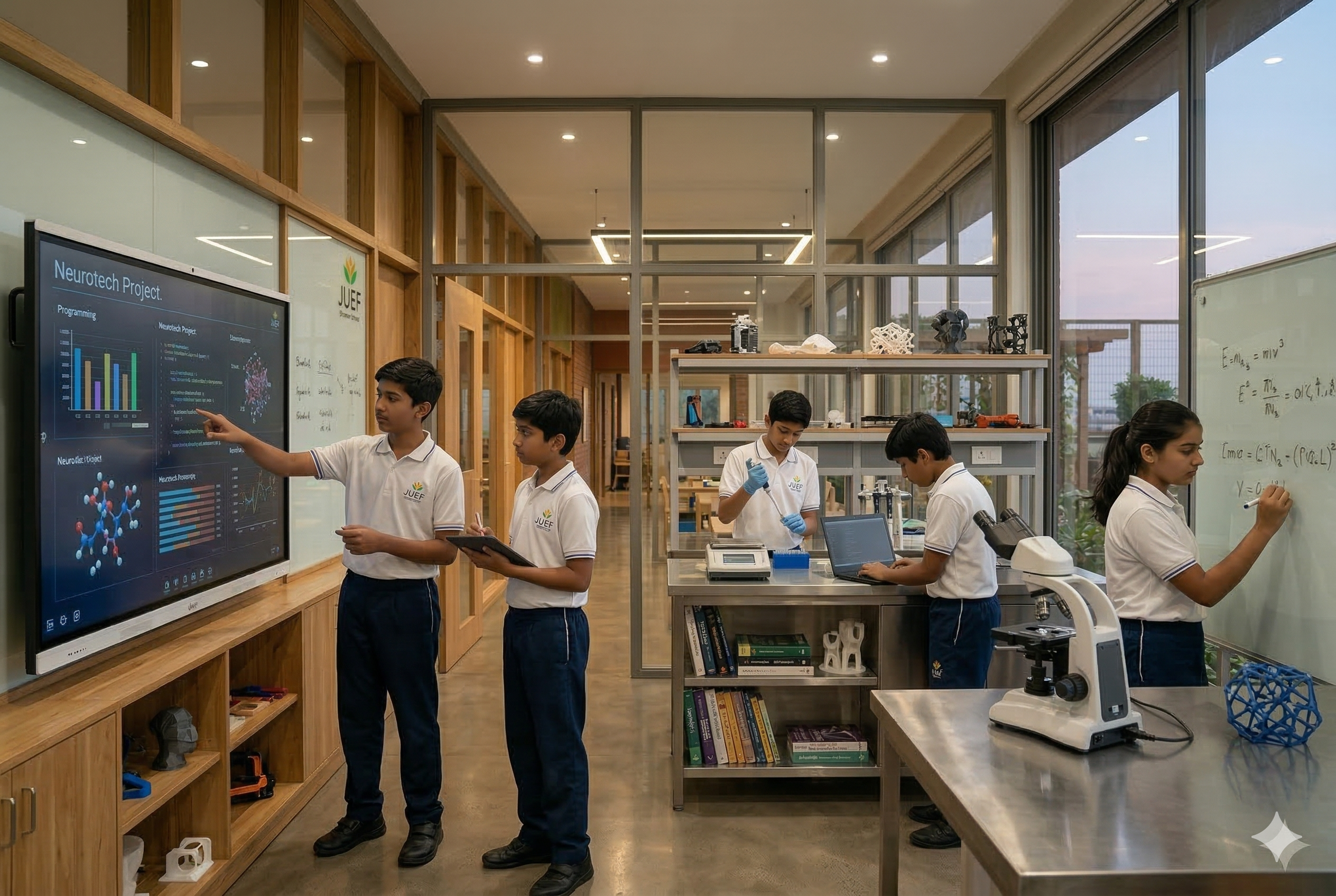 Students presenting Neurotech research, working with microscopes, and solving equations — inquiry-based learning in action