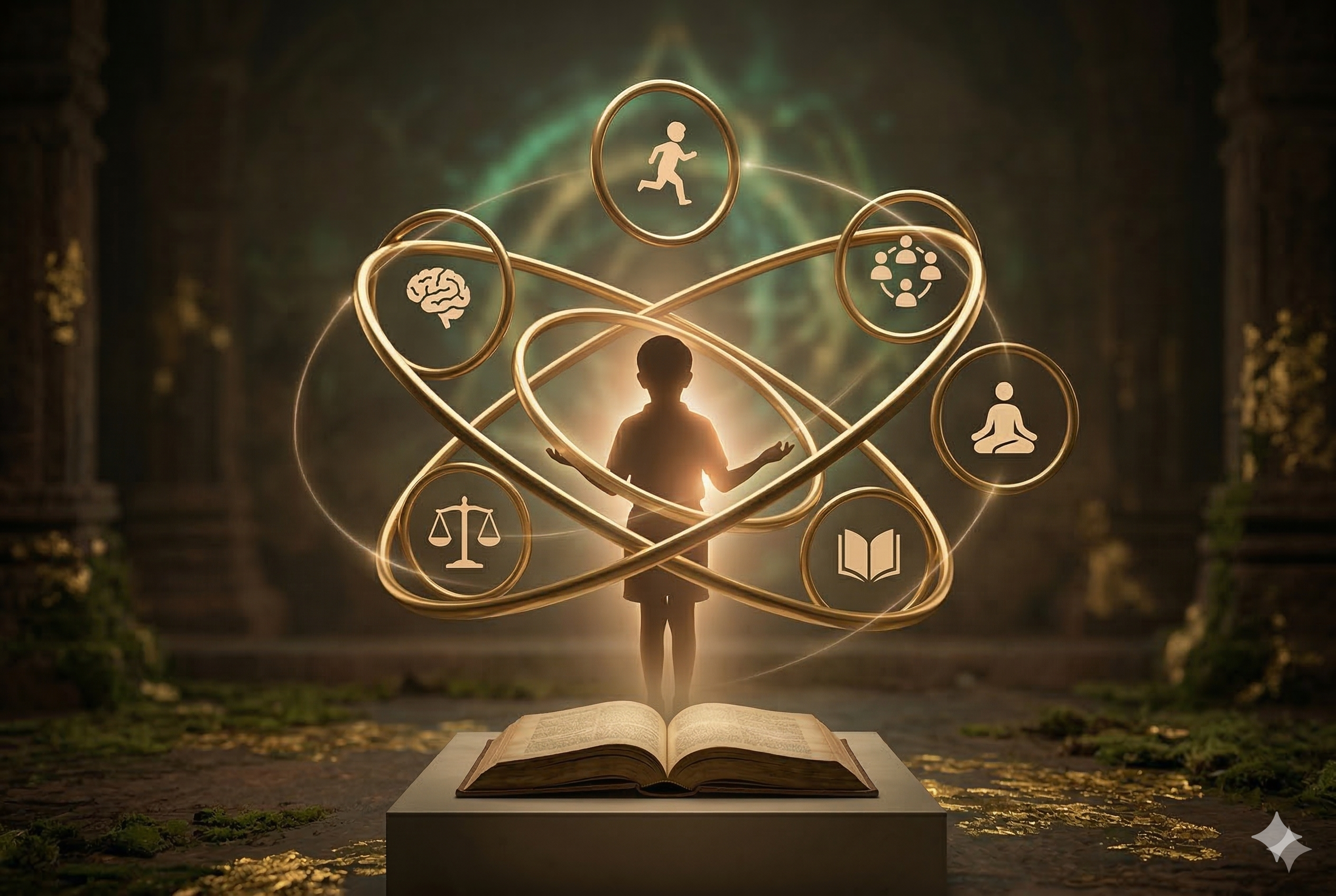 Child silhouette surrounded by six developmental domains — Mind, Gyan, Character, Sambandh, Body, and Soul