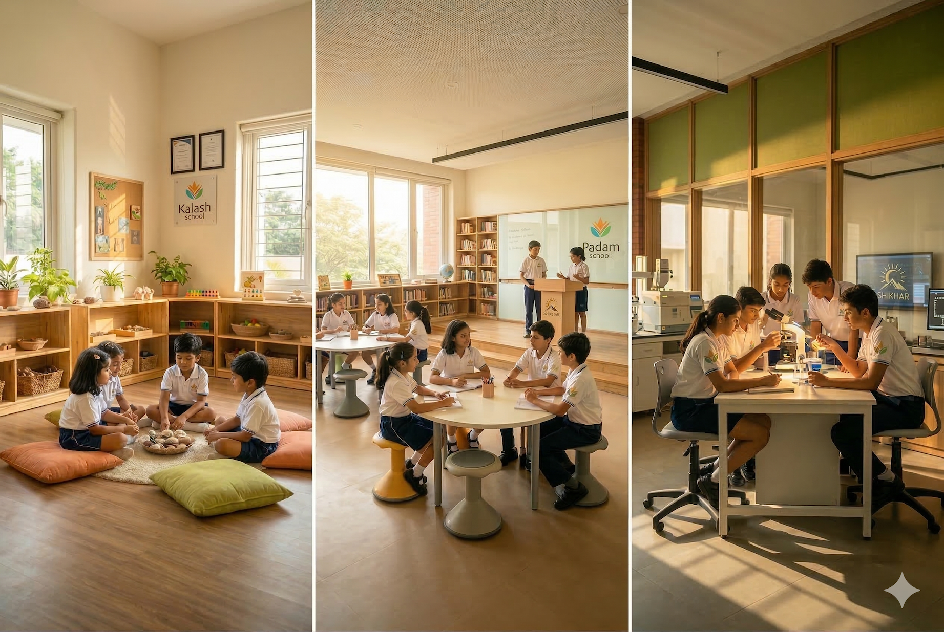 Collage showing Kalash, Padam, and Shikhar learning environments — from play-based to research-driven