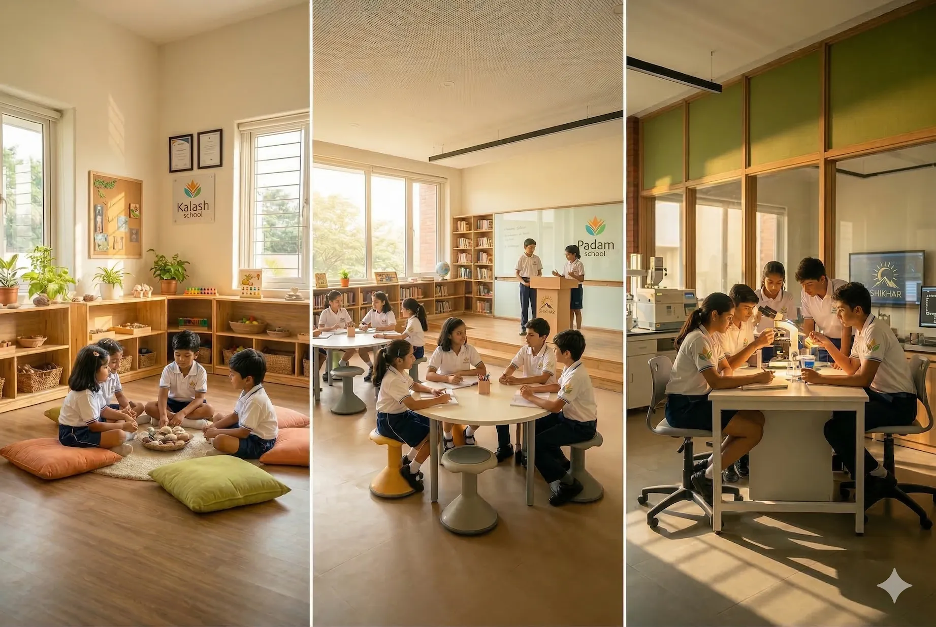 Collage showing Kalash, Padam, and Shikhar learning environments — from play-based to research-driven