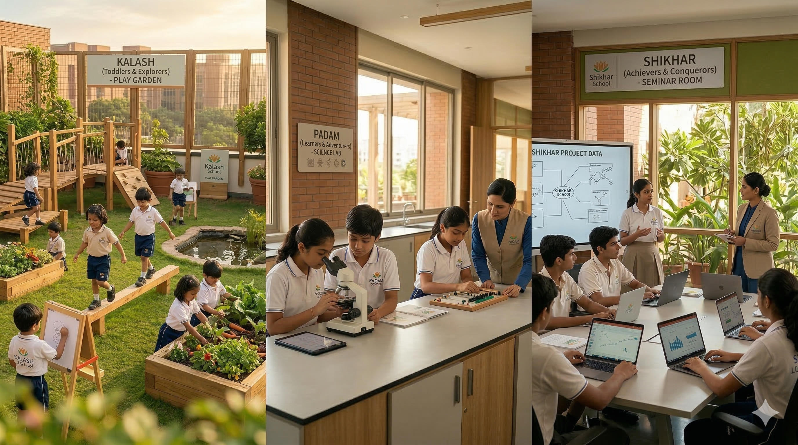 Three-panel comparison of learning environments — Kalash sensory exploration, Padam collaborative inquiry, Shikhar independent research